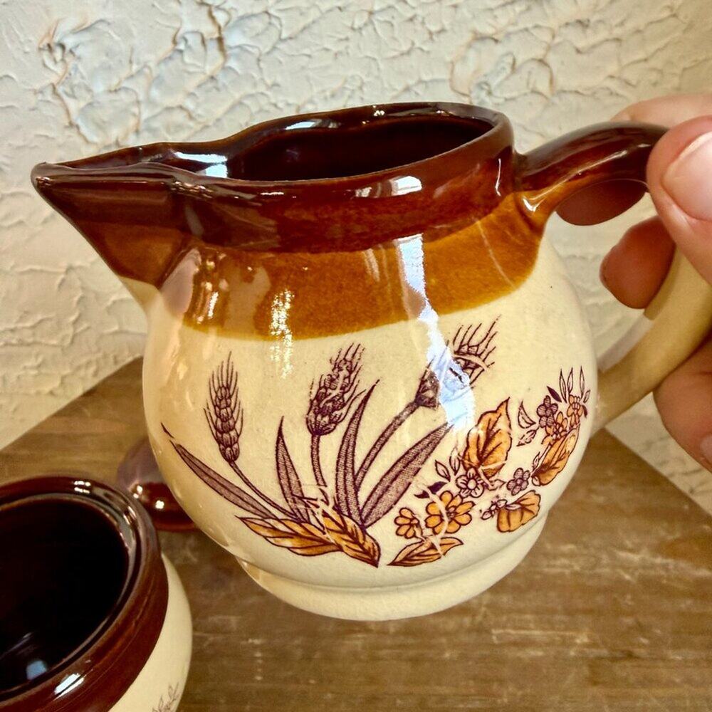 Vintage Stoneware Creamer & Sugar Bowl Set | Brown Drip Glaze Wheat Design - Picture 7 of 11